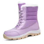 A single light purple Factory Wholesale Custom OEM ODM Winter Waterproof Women's Snow Boot with white faux fur lining, lace-up front, and thick tan rubber sole—ideal for customization and outdoor warmth.