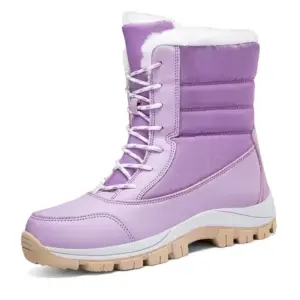 A single light purple Factory Wholesale Custom OEM ODM Winter Waterproof Women's Snow Boot with white faux fur lining, lace-up front, and thick tan rubber sole—ideal for customization and outdoor warmth.