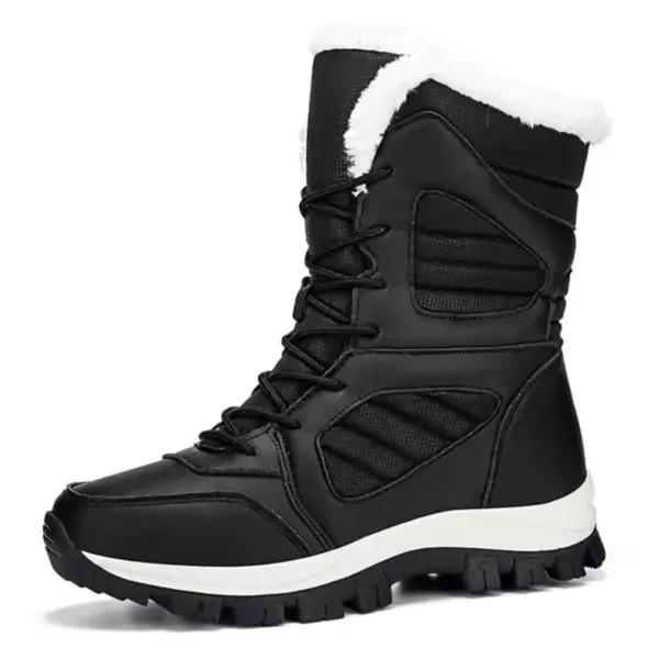 OEM ODM 2025 Men's and Women's Large Size Round Toe Snow Boots feature black PU, white fur lining, lace-up front, rugged TPR sole, stitching details, and warm cotton—ideal for daily winter wear. Customization available for OEM ODM.