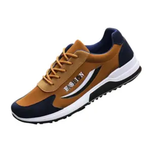 High Quality Gym Casual Cushioning Cotton Sneakers for Men in brown and navy with white/black accents and orange laces, "FASHION" on the side—OEM/ODM customization available. Perfect for walking, hiking, and casual wear.