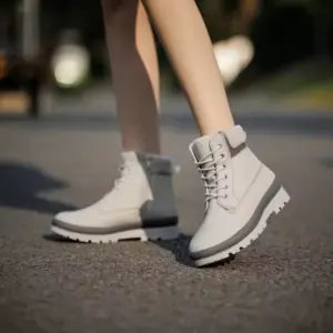 Someone wearing 2025 New Arrivals Winter Snow White Height Increasing Lace up Leather Boots for Women and Men walks on a paved surface outdoors.