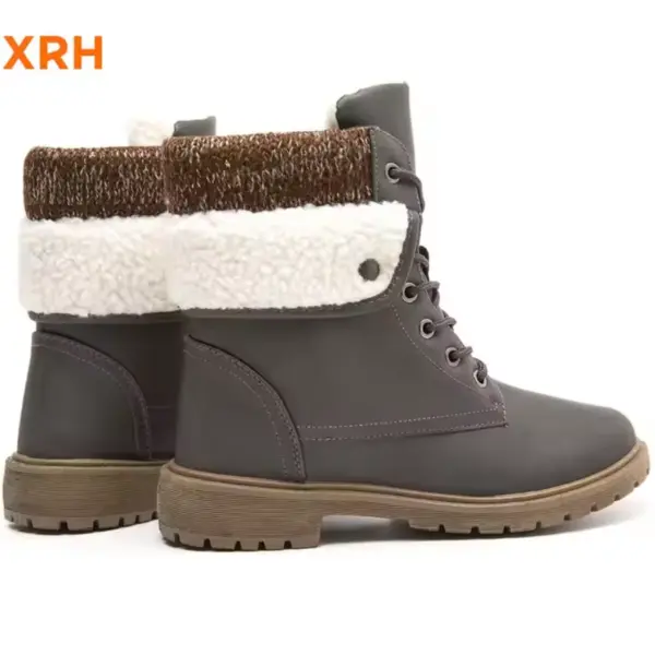 A pair of designer white winter snow boots for women, featuring anti-slip tan rubber soles, PU upper, lace-up design, and warm fleece lining—Wholesale OEM/ODM custom shoes for 2025.