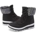 A pair of black leather sports ankle sneakers boots with gray faux fur trim, white soles, and black laces—perfect for OEM/ODM customization. Wholesale customizable logo options available; ideal women’s snow waterproof outdoor warm boot.