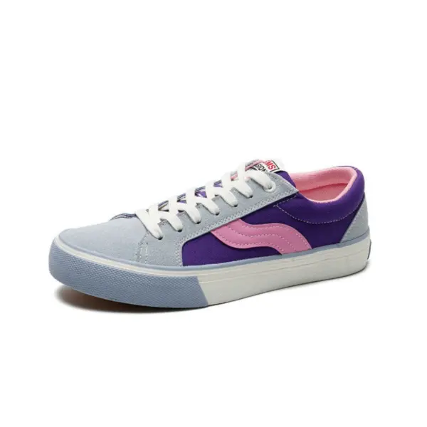 The OEM ODM Factory Wholesale Customized PU Rubber Canvas Shoes are low-top sneakers with light gray, purple, and pink accents, white laces, and a white sole, displayed on a white background.