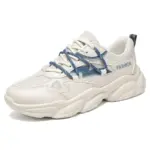 Wholesale factory customized solid color men's walking sneakers—PU mesh, daily sports outdoor shoes with blue accents and "FASHION" print—available for OEM/ODM customization.