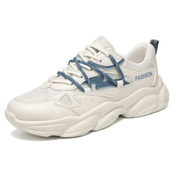 Wholesale factory customized solid color men's walking sneakers—PU mesh, daily sports outdoor shoes with blue accents and "FASHION" print—available for OEM/ODM customization.
