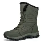 An OEM & ODM 2025 large size round toe snow boot for men and women in olive green, with black faux fur lining, PU/TPR sole, lace-up front—warm, durable cotton shoes for daily wear. Shown against a white background.