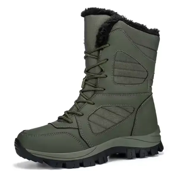 An OEM & ODM 2025 large size round toe snow boot for men and women in olive green, with black faux fur lining, PU/TPR sole, lace-up front—warm, durable cotton shoes for daily wear. Shown against a white background.
