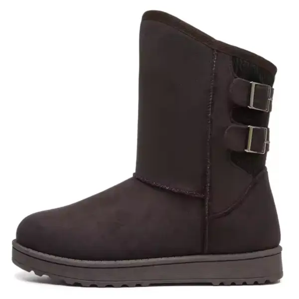A black mid-calf women's winter snow boot with a flat sole and two buckle straps, available for OEM/ODM customization. Wholesale custom designer winter warm boots for women.