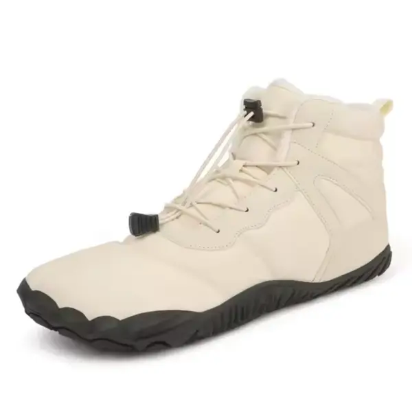 A stylish beige snow boot with a black rubber sole and toggle lace closure, perfect for OEM or ODM customization—Factory Wholesale Direct Sale Fashion Outdoor Men Women Cold Resistant Soft Cotton Shoes.