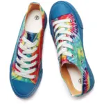 A pair of Wholesale Shoes Casual Blue Yellow Tie Dye Sport Classic Canvas Shoes for School, featuring blue rubber soles and multicolor tie-dye uppers, shown from above.