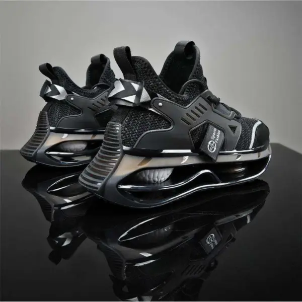 A pair of Wholesale Breathable Athletic Fitness Jogging Tennis Shoes Sport Running Sneakers for Men, featuring thick transparent soles and metallic accents, displayed on a reflective black surface—ideal for OEM/ODM customization.