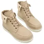 A pair of beige Fashion Leather Low Heel Plus Size Winter Snow Hiking Boots for Men and Women with white soles, lace-up design—ideal for OEM ODM customization, displayed on a white background.