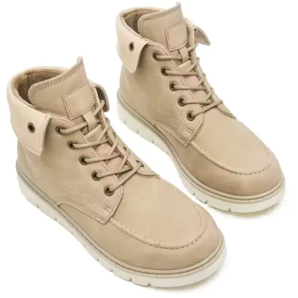 A pair of beige Fashion Leather Low Heel Plus Size Winter Snow Hiking Boots for Men and Women with white soles, lace-up design—ideal for OEM ODM customization, displayed on a white background.