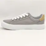 New Arrivals Wholesale Band Vulcanized Fashion Leather Casual Canvas Shoes for Men—a gray sneaker with white laces, white sole, and beige heel accent. OEM & ODM options available, shown on a plain white background.