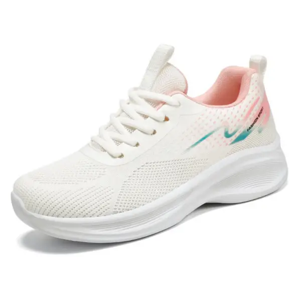 The 2024 Custom Mesh Sneakers are breathable, stylish white athletic shoes for women, featuring a thick sole, light pink lining, teal and pink accents—perfect for OEM ODM customization.