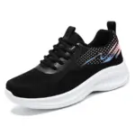 2024 Custom Mesh Sneakers Sport Women Running Shoes—fashionable black sneaker with white sole, black laces, pink and blue wave design on the side; breathable and available for OEM & ODM orders.