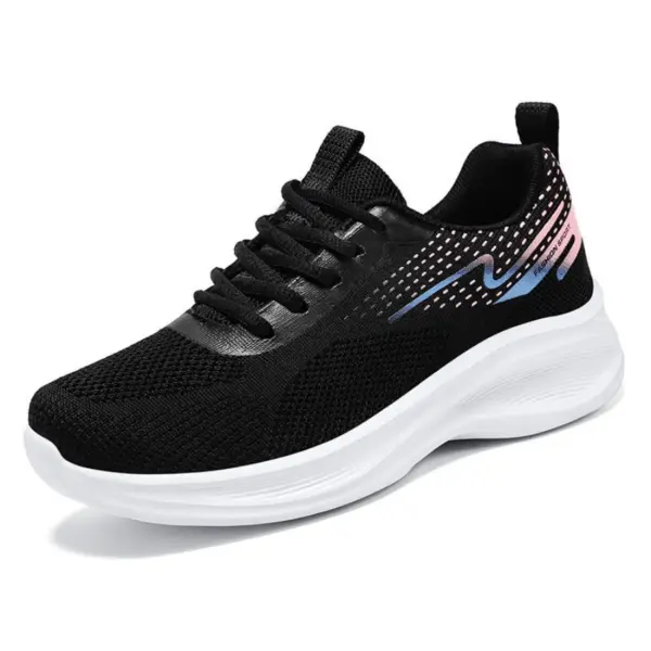 2024 Custom Mesh Sneakers Sport Women Running Shoes—fashionable black sneaker with white sole, black laces, pink and blue wave design on the side; breathable and available for OEM & ODM orders.