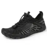 Black minimalist children's outdoor beach sneakers with a flexible, anti-slip sole, toe articulation, lace-up front, and gray wing-like accents—perfect for OEM/ODM customization.