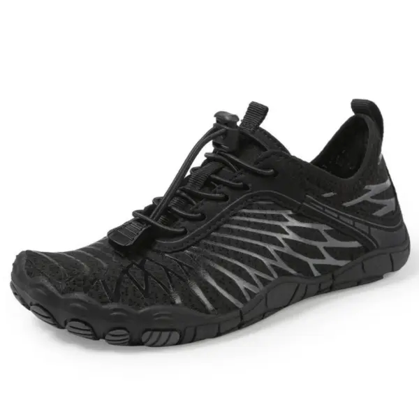 Black minimalist children's outdoor beach sneakers with a flexible, anti-slip sole, toe articulation, lace-up front, and gray wing-like accents—perfect for OEM/ODM customization.