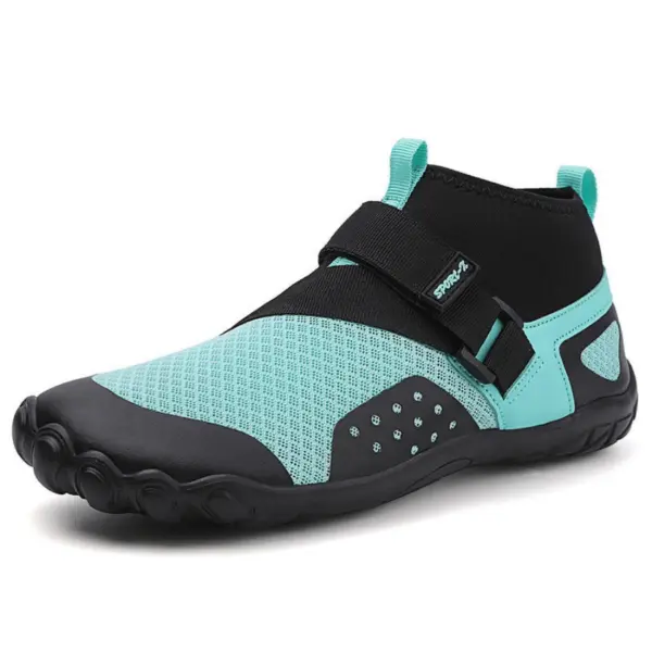 The OEM ODM Outdoor Wholesale Beach Flats Fishing Fitness Waterproof Sport EVA Breathable Water Shoes feature a teal and black mesh upper, black rubber sole, adjustable strap, and pull loops—ideal for customization.