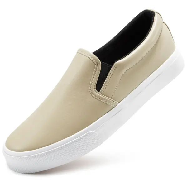 A beige waterproof PU upper slip-on flat shoe with an elastic band, white rubber sole, and black inner lining is shown at a slight angle on a white background. Product: Fashionable Casual Walking Shoes for Women.