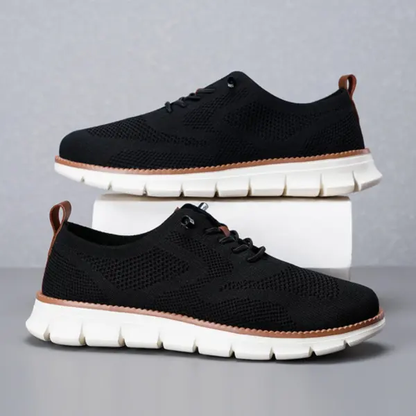 Big Size Men's lace-up lightweight breathable sports shoes with hollow-out flying weaving design and EVA sole, perfect for OEM/ODM orders—featured in black with white thick soles and brown accents against a neutral background.