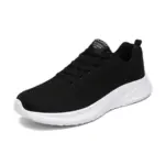 The Men's Casual Sneakers feature a black flying-weave mesh upper, black laces, and a white EVA sole, shown against a plain white background—perfect for OEM and ODM customization.