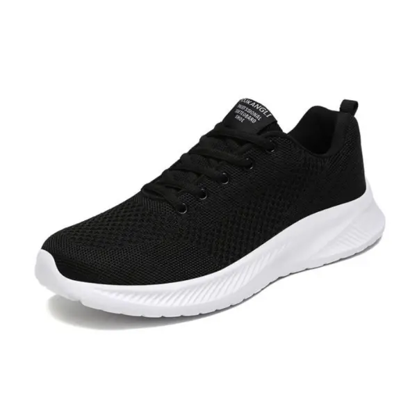 The Men's Casual Sneakers feature a black flying-weave mesh upper, black laces, and a white EVA sole, shown against a plain white background—perfect for OEM and ODM customization.