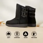 A pair of Wholesale Fashion Western Designer Fur Snow Boots for Women 2024 in black with buckles, displayed side by side on a light surface, featuring OEM/ODM options and icons for soft, comfort, warm, and pro skin features.