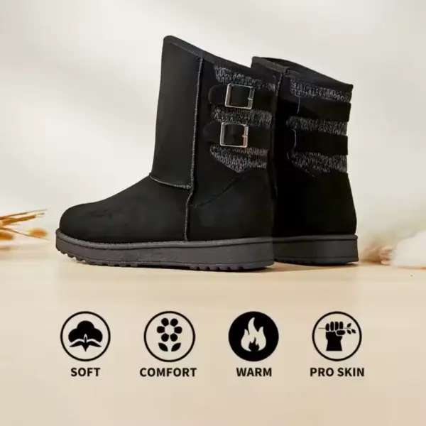 A pair of Wholesale Fashion Western Designer Fur Snow Boots for Women 2024 in black with buckles, displayed side by side on a light surface, featuring OEM/ODM options and icons for soft, comfort, warm, and pro skin features.