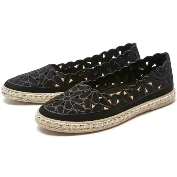 A pair of black Office Round Toe Dress Flat Shoes with slip-on design, cut-out floral patterns, and woven rope soles.