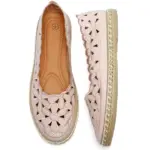A pair of Office Round Toe Dress Flat Shoes in light pink with floral cutouts and woven jute around the sole, shown from side and top views—available for OEM and ODM customization.