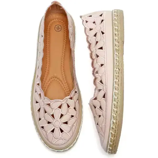 A pair of Office Round Toe Dress Flat Shoes in light pink with floral cutouts and woven jute around the sole, shown from side and top views—available for OEM and ODM customization.