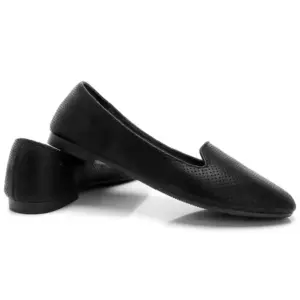 A pair of black Flat Shoes Ballet Flat for Ladies Office, shown with one upright and one on its side, feature perforated uppers, flat soles, and OEM ODM design flexibility.