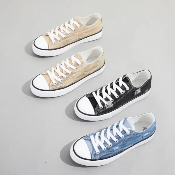 Three pairs of Wholesale Custom Made Blue Walking Style Canvas Shoes for women, featuring white laces and soles, are arranged on a light gray background.
