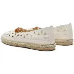 A pair of Office Round Toe Dress Flat Shoes in white, featuring slip-on style with floral cutouts and braided jute soles, displayed from a rear side angle.