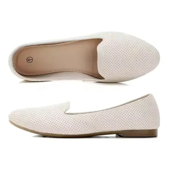 A pair of Flat Shoes Ballet Flat for Ladies Office in white is shown; one shoe is seen from the side and the other from above, highlighting their perforated slip-on design.