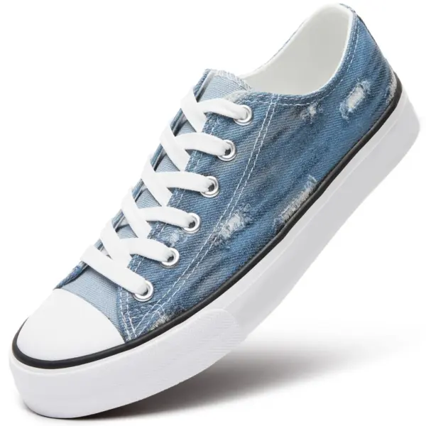 A blue walking-style women's casual canvas shoe featuring white laces, a white rubber sole, black trim, and distressed denim—available for OEM/ODM customization. Wholesale custom-made shoes for ladies and women; new style now offered.
