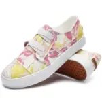 The XRH Wholesale Cheap Price Pink Slip-On Women's Casual Canvas Shoes feature a white sole and vibrant pink-yellow tie-dye design with three Velcro straps, ideal for OEM or ODM customization—perfect for 2025's new style.
