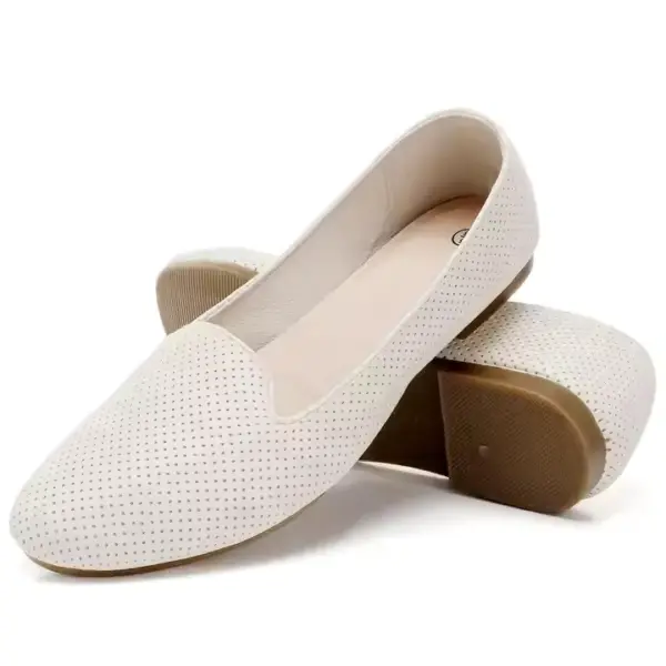 A pair of Flat Shoes Ballet Flat for Ladies Office in white with perforated detail and light brown soles, displayed against a white background.
