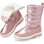 High Quality Winter Platform Mid Calf Boots for women feature a metallic pink finish, chunky heel, round toe, white soles, and lace-up shaft with white faux fur lining. OEM and ODM options available for customizable looks.