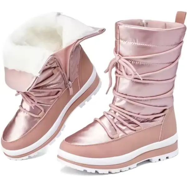 High Quality Winter Platform Mid Calf Boots for women feature a metallic pink finish, chunky heel, round toe, white soles, and lace-up shaft with white faux fur lining. OEM and ODM options available for customizable looks.