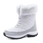 The OEM Factory High Top Breathable Warm Cotton Snow Boots feature white and gray PU material, quilted sides, faux fur trim, and a thick black sole—ideal for winter outdoor wear and available for OEM or ODM customization.