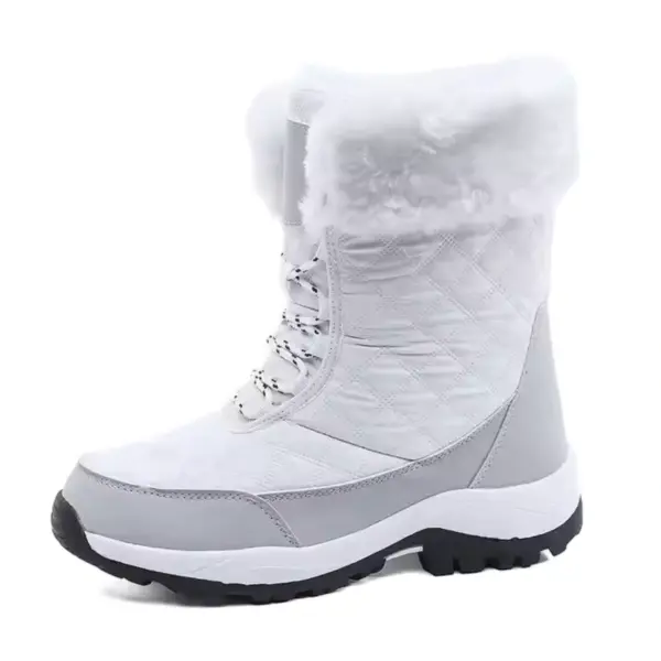 The OEM Factory High Top Breathable Warm Cotton Snow Boots feature white and gray PU material, quilted sides, faux fur trim, and a thick black sole—ideal for winter outdoor wear and available for OEM or ODM customization.