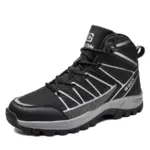 A black and gray men's hiking boot with a rugged sole, mesh and synthetic upper, lace-up front, OEM ODM branding, warm PU lining, wear-resistant and anti-slip rubber sole—ideal customizable snow boots.