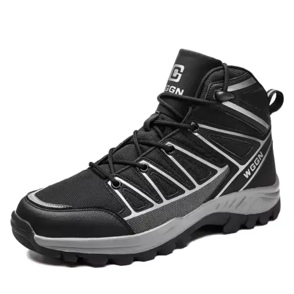 A black and gray men's hiking boot with a rugged sole, mesh and synthetic upper, lace-up front, OEM ODM branding, warm PU lining, wear-resistant and anti-slip rubber sole—ideal customizable snow boots.