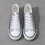 A pair of Hot Sale Customize Fashionable PU Upper Women's Canvas Shoes, lightweight and trendy with white laces and rubber toe caps, are placed side by side on a gray surface.