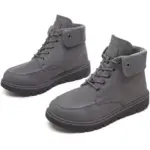 Fashion Leather Low Heel Plus Size Winter Snow Hiking Boots for Men and Women—gray ankle-high lace-up boots with thick black soles, padded collars, visible stitching—available for OEM/ODM customization.