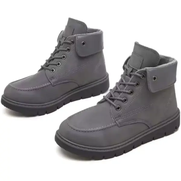Fashion Leather Low Heel Plus Size Winter Snow Hiking Boots for Men and Women—gray ankle-high lace-up boots with thick black soles, padded collars, visible stitching—available for OEM/ODM customization.
